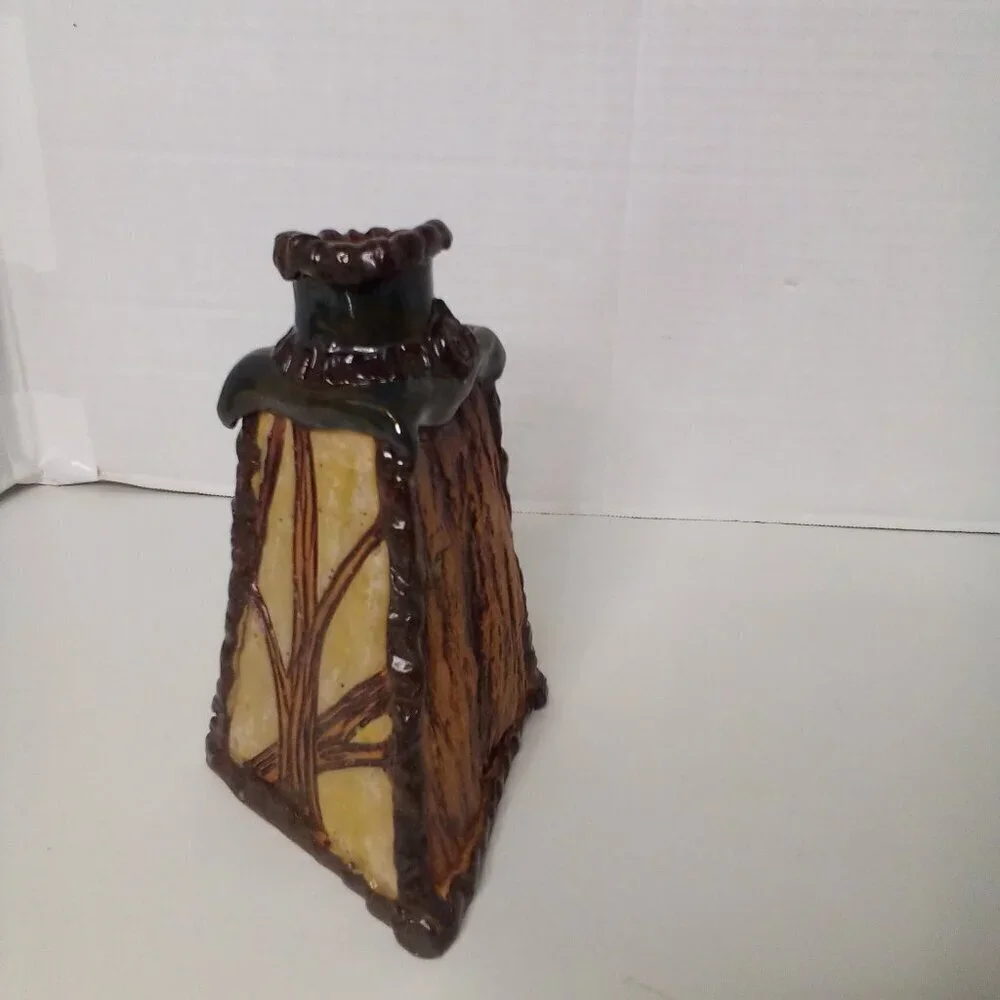 Handmade Vase Pyramid 3 Sides Terra Cotta Clay Unique Tree Leaves 7